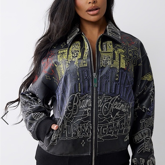 True Religion Jackets & Blazers - True Religion Embroidered Faux Leather Jacket Size “M”NWT in bag MSRP $234